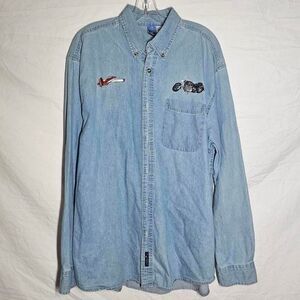 Vintage 90s y2k airplane motorcycle embroidered button down denim top